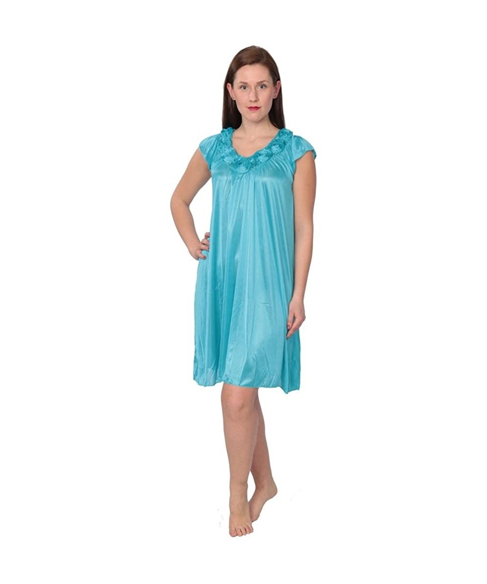 Nightgowns & Sleepshirts Women's Solid Tricot Long Shiny Satin Silky Nightgown - 031_teal - CC12C7MTVA9