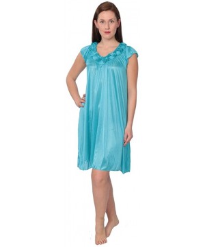 Nightgowns & Sleepshirts Women's Solid Tricot Long Shiny Satin Silky Nightgown - 031_teal - CC12C7MTVA9