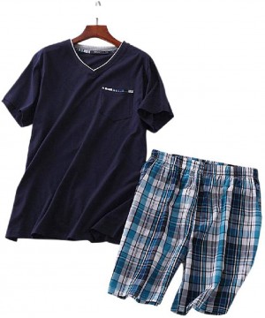 Sleep Sets Summer Men's Pajamas Suit Cotton Short-Sleeved Knitted Cotton Shorts Casual - Tibetan Blue - CB18UG00UCD