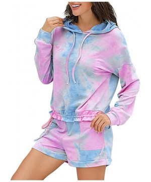 Sets Pajama Set for Women Tie Dye Womens Tie Dye Printed Lounge Sets Long Sleeve Hoodies Short PJ Set Loungewear Purple - CG1...