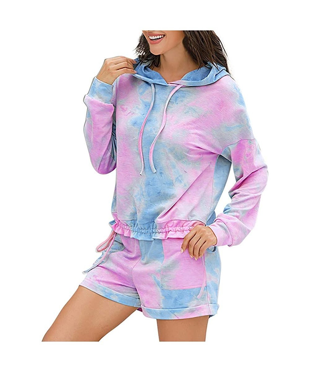 Sets Pajama Set for Women Tie Dye Womens Tie Dye Printed Lounge Sets Long Sleeve Hoodies Short PJ Set Loungewear Purple - CG1...