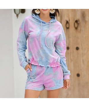 Sets Pajama Set for Women Tie Dye Womens Tie Dye Printed Lounge Sets Long Sleeve Hoodies Short PJ Set Loungewear Purple - CG1...