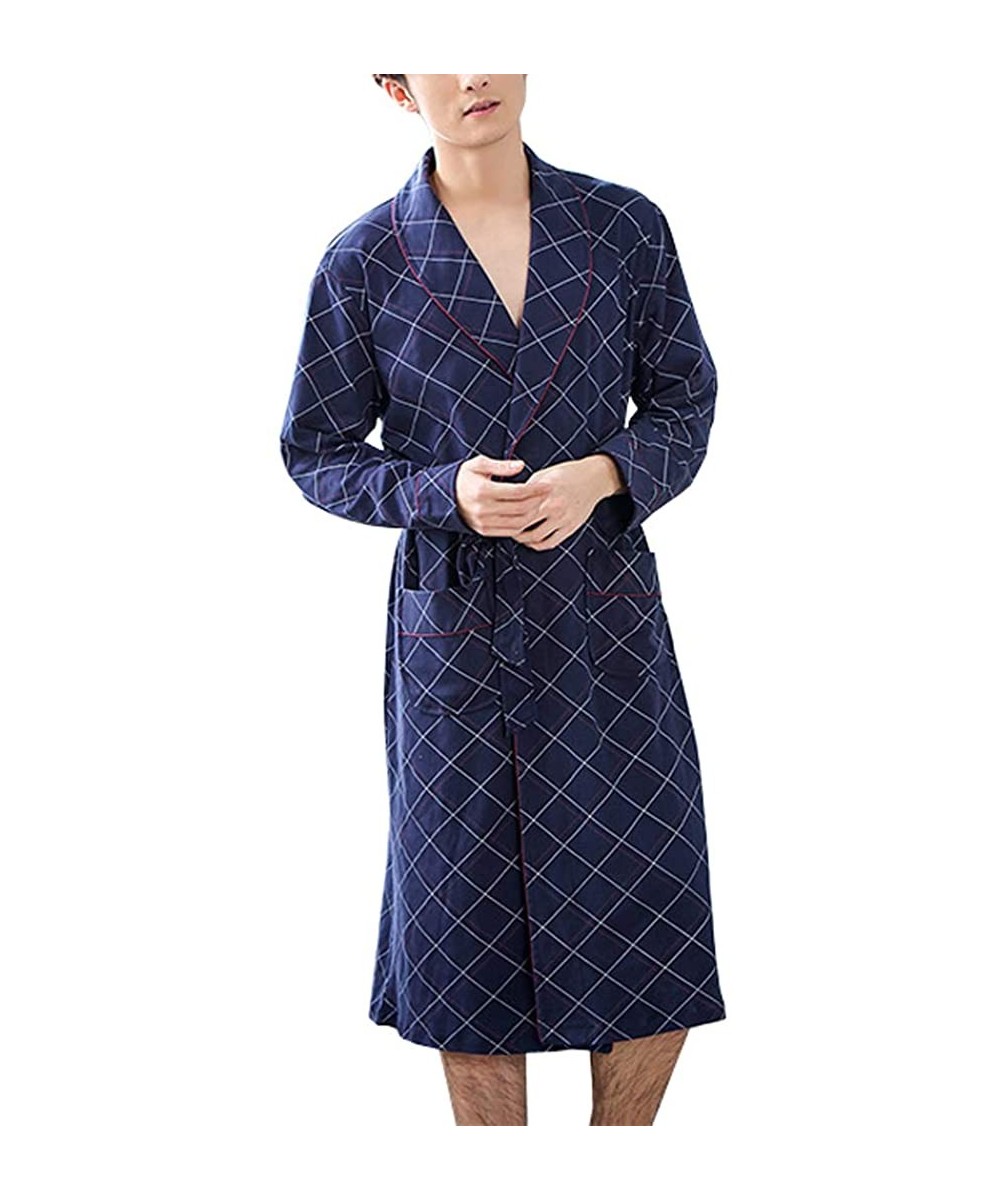 Robes Men Spring and Summer Long Sleeve Knit Cotton Bathrobe - Navy Plaid - CB1962CMOLO