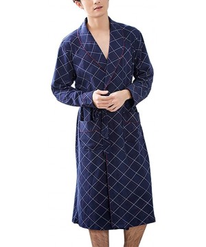 Robes Men Spring and Summer Long Sleeve Knit Cotton Bathrobe - Navy Plaid - CB1962CMOLO