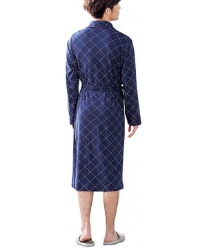 Robes Men Spring and Summer Long Sleeve Knit Cotton Bathrobe - Navy Plaid - CB1962CMOLO