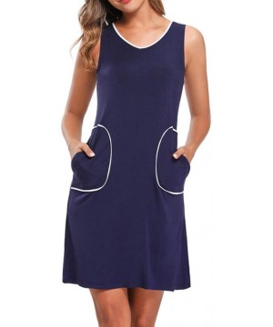 Nightgowns & Sleepshirts Women Ladies Cotton Long Nightdress Sleeveless Nightwear V Neck Nightshirts Solid Sleepdress-Blue-M ...