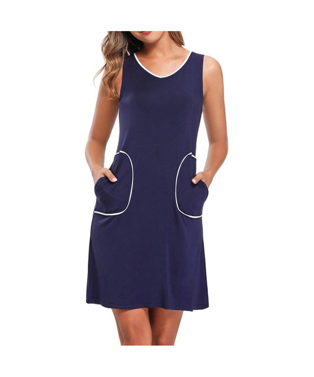 Nightgowns & Sleepshirts Women Ladies Cotton Long Nightdress Sleeveless Nightwear V Neck Nightshirts Solid Sleepdress-Blue-M ...