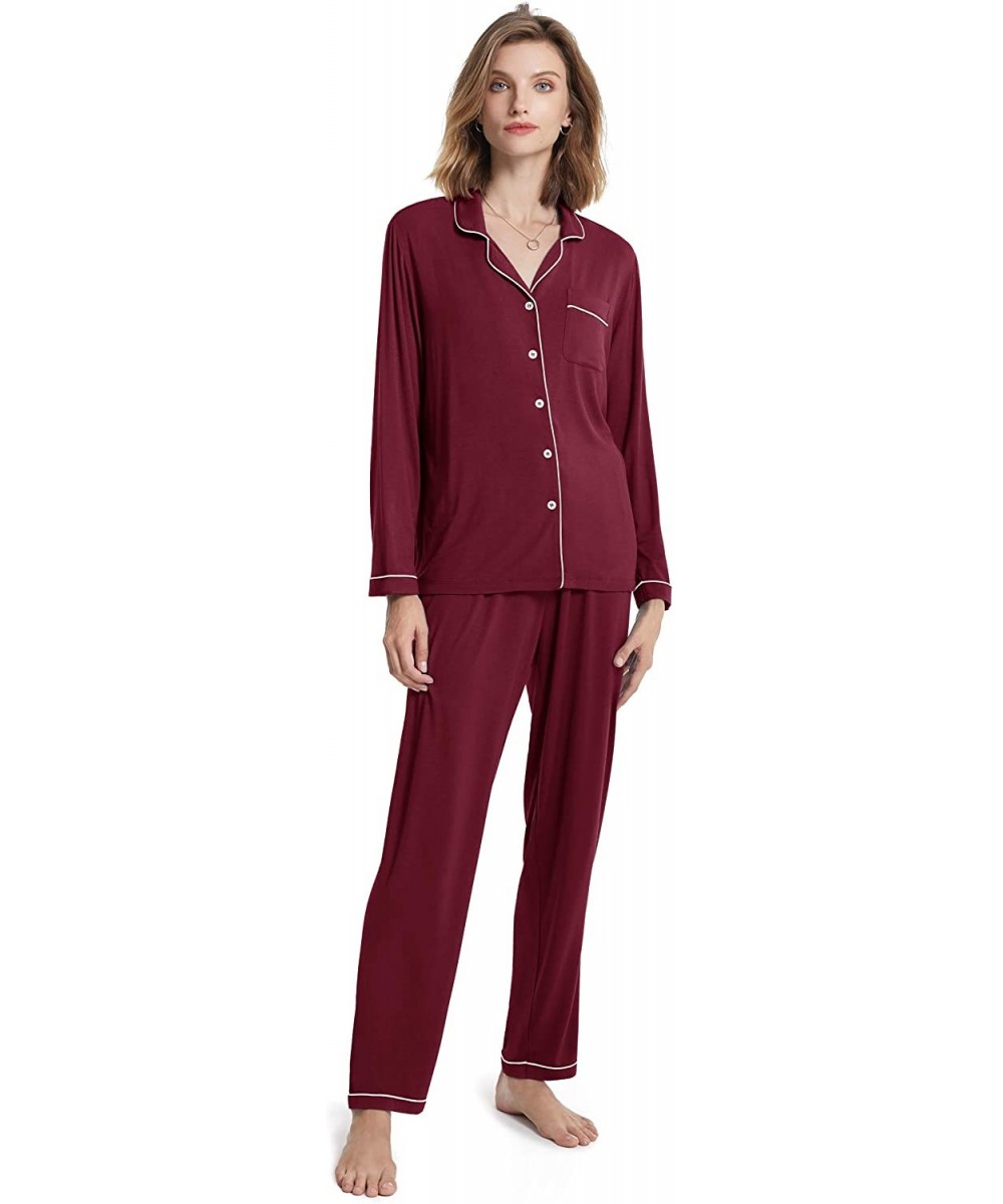 Sets Soft Womens Pajama Sets- Modal Long Sleeve Pajamas for Women- Button Down Sleepwear Pj Lounge Wear - Burgundy With White...