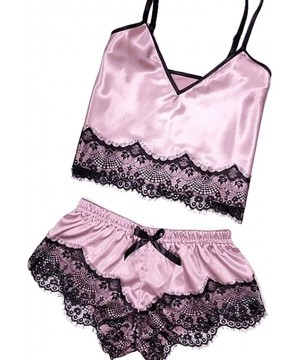 Bras Women Sleepwear Sleeveless Strap Nightwear Lace Trim Satin Cami Top Pajama Sets - H-pink - C518UR6LS6Y