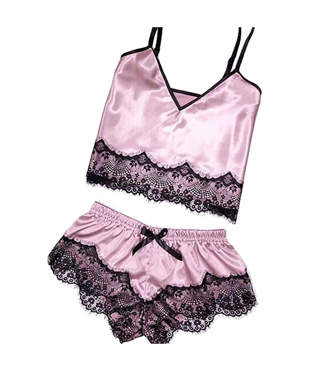 Bras Women Sleepwear Sleeveless Strap Nightwear Lace Trim Satin Cami Top Pajama Sets - H-pink - C518UR6LS6Y