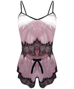 Bras Women Sleepwear Sleeveless Strap Nightwear Lace Trim Satin Cami Top Pajama Sets - H-pink - C518UR6LS6Y