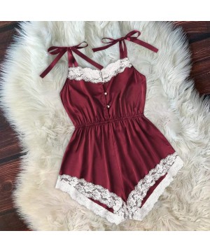 Accessories Fashion Sexy Bodysuit Jumpsuit Lace Up Satin Silk Sleepwear Women Lingerie Pajamas - Wine - C8199XOU2W6