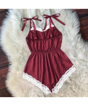 Accessories Fashion Sexy Bodysuit Jumpsuit Lace Up Satin Silk Sleepwear Women Lingerie Pajamas - Wine - C8199XOU2W6