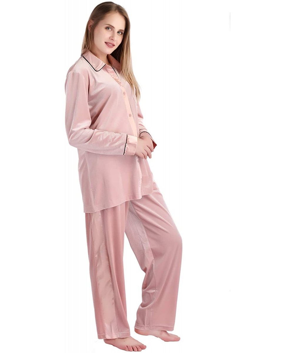 Sets Women's Soft Velour Satin Pajamas Sets 2-Piece Long Sleeve Button Down Shirt and Loung Pants Sleepwear - Pink - CA193XT0C86