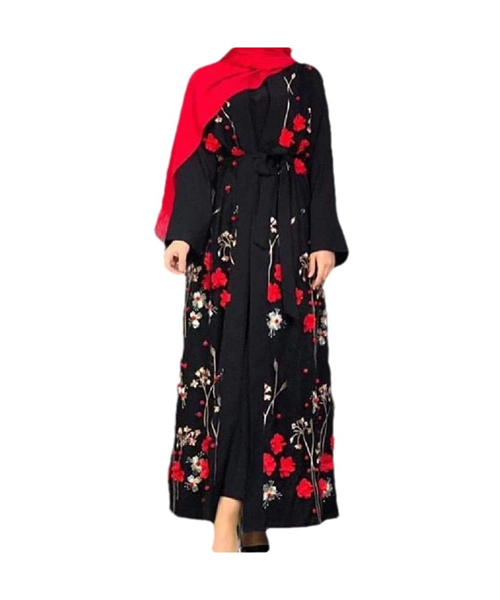 Robes Women's Belted Cotton Muslim Embroidered Islamic Dubai Kaftan Long Dress - 2 - CO199N6YA3W