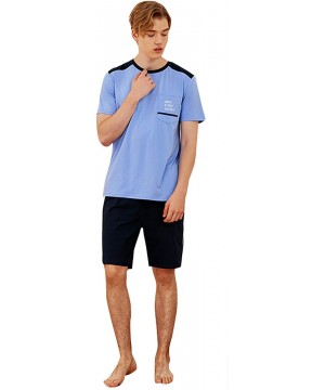 Sleep Sets Men's New Short Sleeve striped Pajama Crew Neck Home comfort simple Shorts Pjs large size Pajama Set - Moon Blue -...