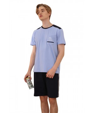 Sleep Sets Men's New Short Sleeve striped Pajama Crew Neck Home comfort simple Shorts Pjs large size Pajama Set - Moon Blue -...