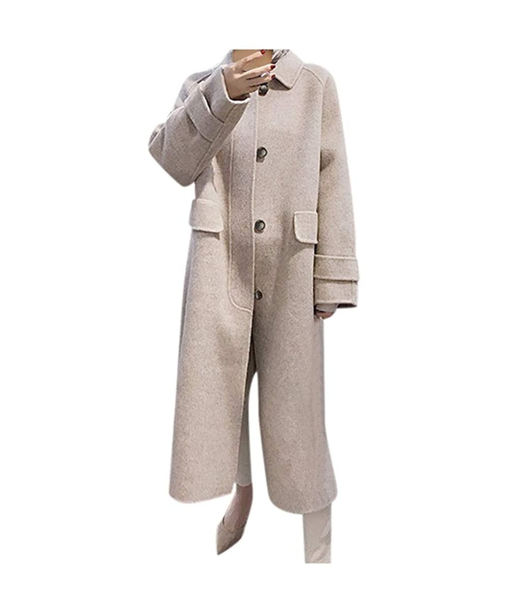 Thermal Underwear Womens Trench Jacket Winter Lapel Wool Coat With Belt Long Sleeve Overcoat - B-beige - CE18T0ZS0D8