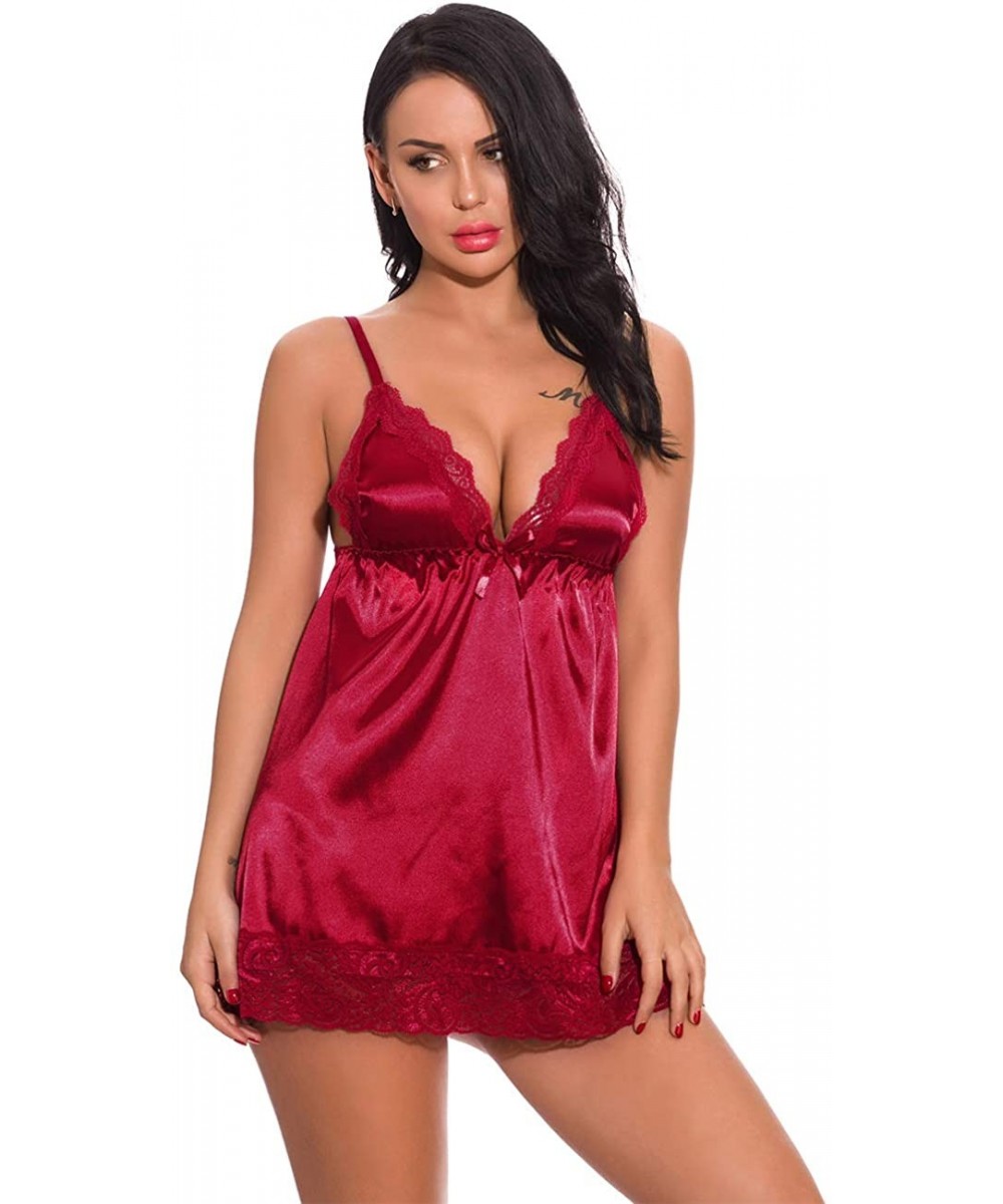 Baby Dolls & Chemises Women Lace Chemise Babydoll Plus Size Lingerie for Women Nightwear V-Neck Sleepwear - Red - C8197Y08WOU