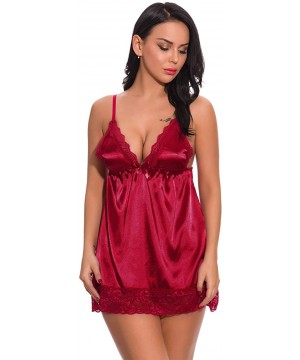 Baby Dolls & Chemises Women Lace Chemise Babydoll Plus Size Lingerie for Women Nightwear V-Neck Sleepwear - Red - C8197Y08WOU