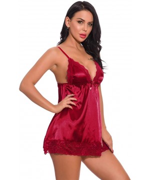 Baby Dolls & Chemises Women Lace Chemise Babydoll Plus Size Lingerie for Women Nightwear V-Neck Sleepwear - Red - C8197Y08WOU