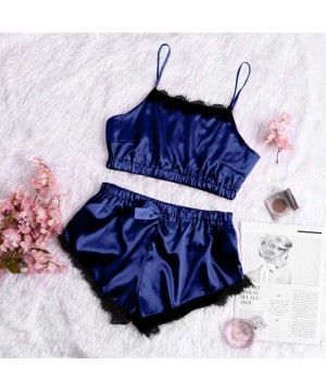 Bras Womens Sexy Satin Sling Sleepwear Lingerie Lace Bowknot Nightwear Underwear Set - Blue - C81953S9O8Z