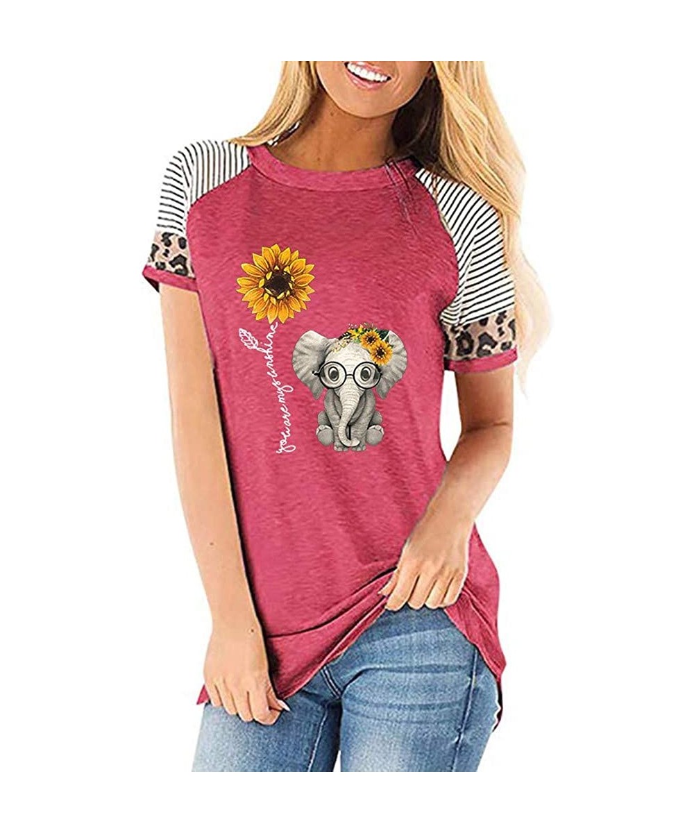 Tops Women's Sunflower Leopard Patchwork Short Sleeve O-Neck Print Casual Top T-Shirt - G1-hot Pink - CH197M7KTKX