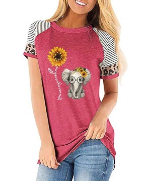 Tops Women's Sunflower Leopard Patchwork Short Sleeve O-Neck Print Casual Top T-Shirt - G1-hot Pink - CH197M7KTKX