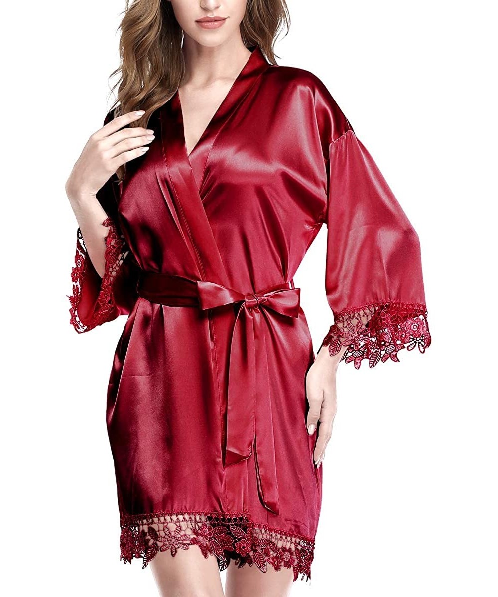 Robes Satin Kimono Short Robes for Women Casual V Neck 3/4 Sleeve Nightgown Sleepwear Slip Silk Lace Trim Pajama Wine Red - C...