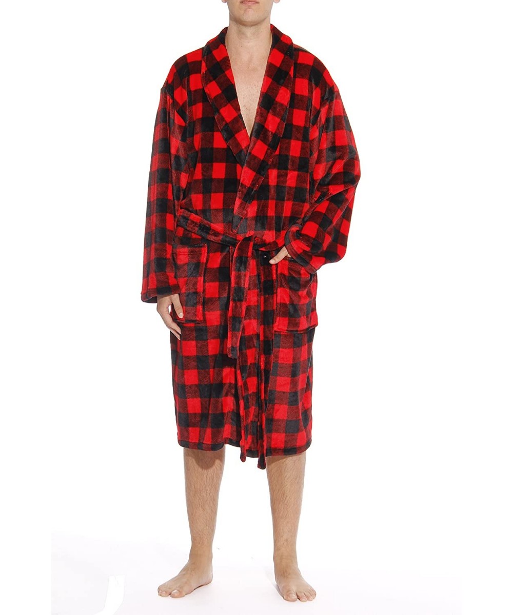 Robes Printed Plaid Velour Flannel Robe Robes for Men - Red / Black - CQ182ZGG0AQ