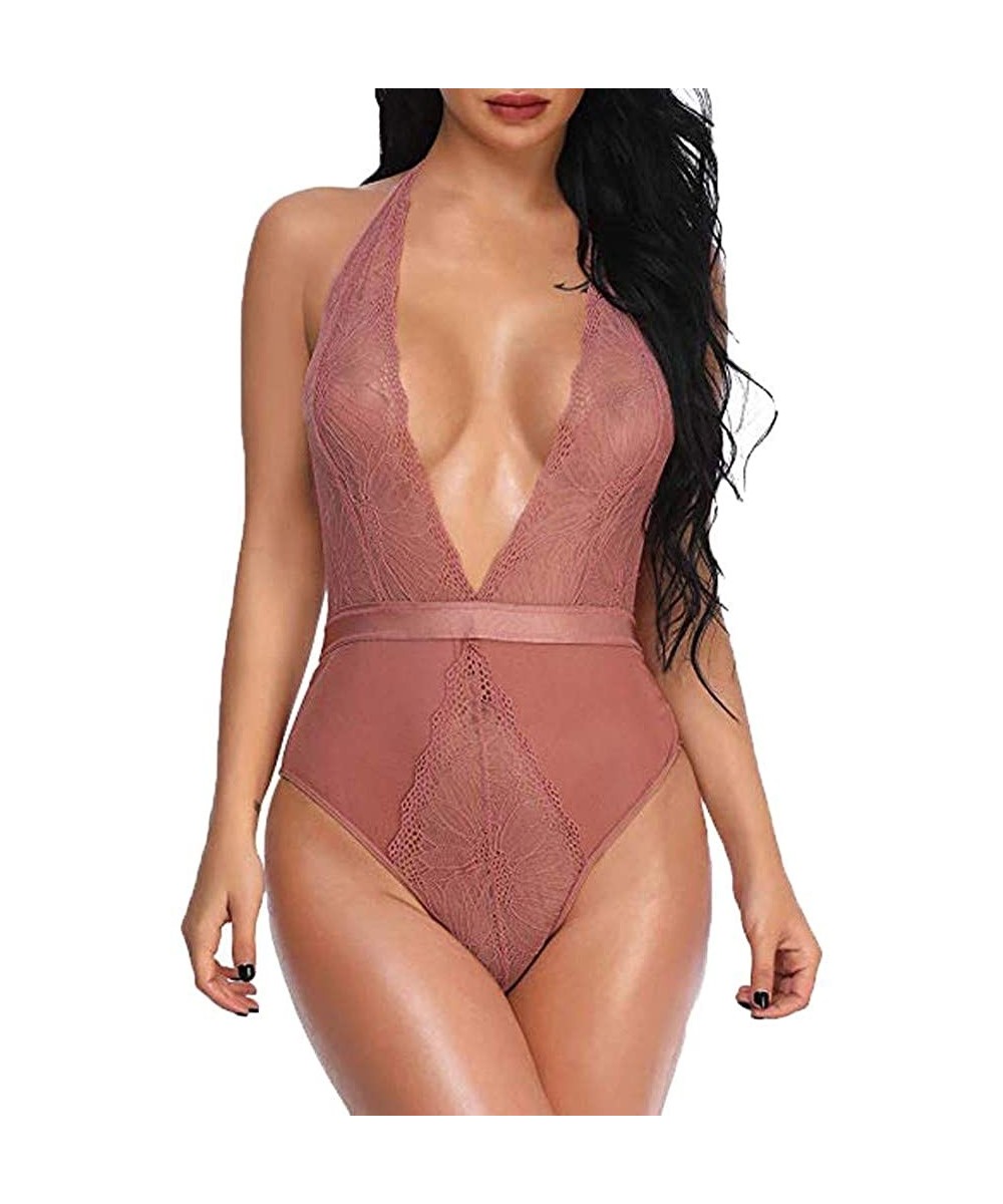 Bustiers & Corsets Lingerie for Women Teddy One Piece Lace Babydoll Bodysuit - Pink - C418SWL84UD