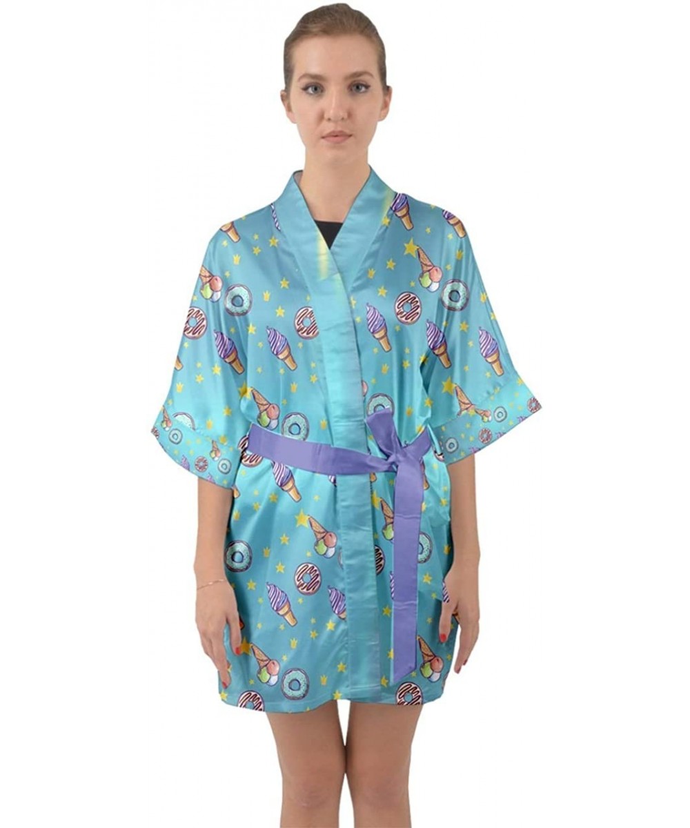 Robes Womens Cute Nightgown Galaxy & Rainbow Unicorn Print Comfy Kimono Robe Size XS-3XL - Medium Turquoise Donuts - CG18HTXD76S