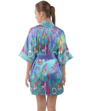 Robes Womens Cute Nightgown Galaxy & Rainbow Unicorn Print Comfy Kimono Robe Size XS-3XL - Medium Turquoise Donuts - CG18HTXD76S