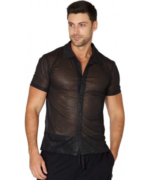 Sleep Sets Men's Sheer Camp Button Up Top Shirt - Black - CQ18KCEDE26