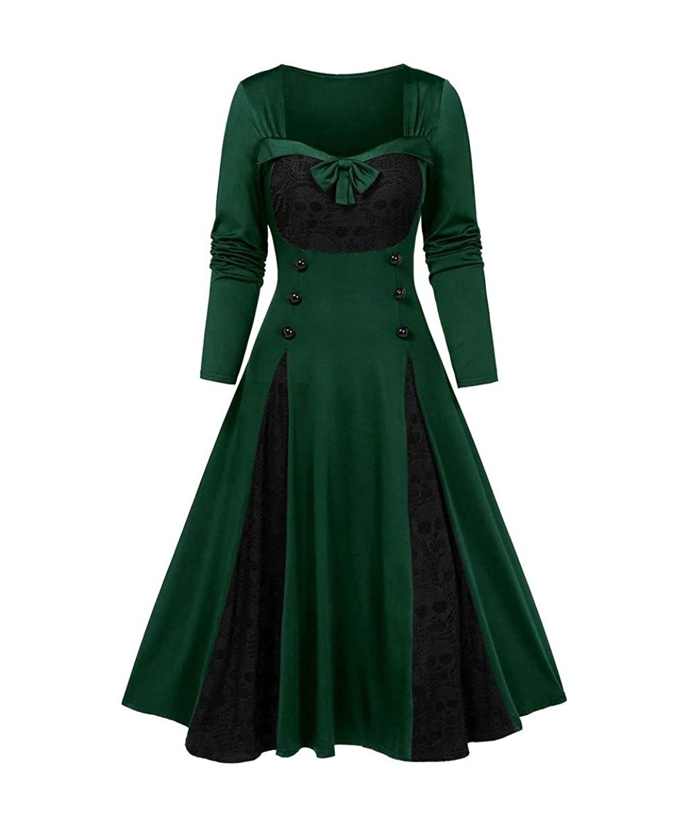 Thermal Underwear Women Plus Size Punk Gothic Skull Lace Insert Mock Button Bowknot Dress - Green - CZ18Z29IHKX