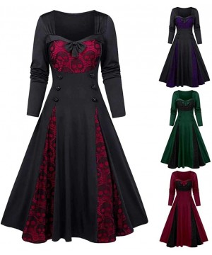 Thermal Underwear Women Plus Size Punk Gothic Skull Lace Insert Mock Button Bowknot Dress - Green - CZ18Z29IHKX