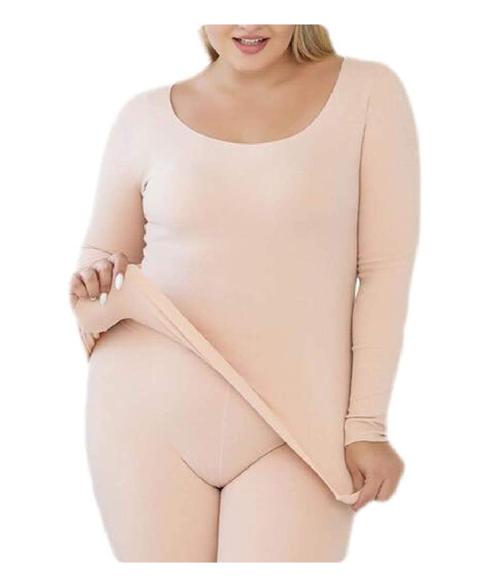 Thermal Underwear Plus Size Solid Color Fleece Seamless Thermal Underwear Stretchy Long Johns - 1 - C3192M73KR5