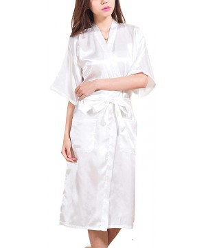 Robes Women's Satin Kimono Robes Bridal Silk Pockets Spa Bathrobe Classic Long Loungewear - White - CY18L34H8M0