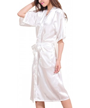 Robes Women's Satin Kimono Robes Bridal Silk Pockets Spa Bathrobe Classic Long Loungewear - White - CY18L34H8M0