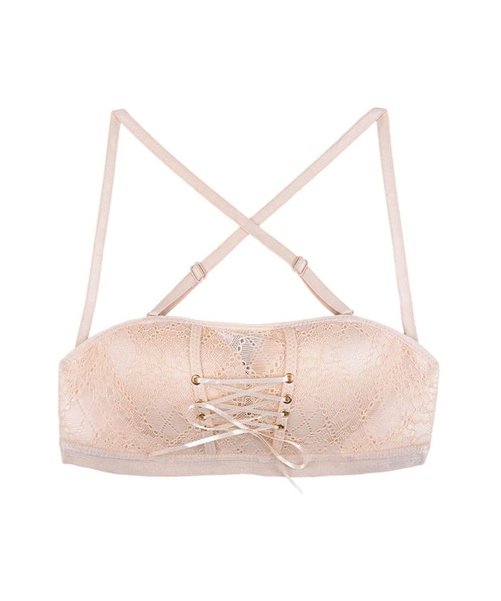 Bras Femmetric Lace Strapless Drawstring Bandeau Pull-Together Lace Bra Nude 36C - Nude - C8199N5R4YE