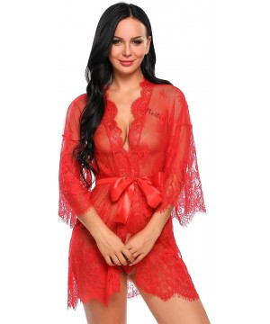 Baby Dolls & Chemises Women's Lace Lingerie Robe Set Sexy See Through Babydoll Nightgown with Belt and G-String - Red - C318H...