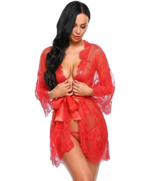 Baby Dolls & Chemises Women's Lace Lingerie Robe Set Sexy See Through Babydoll Nightgown with Belt and G-String - Red - C318H...