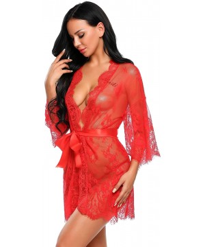 Baby Dolls & Chemises Women's Lace Lingerie Robe Set Sexy See Through Babydoll Nightgown with Belt and G-String - Red - C318H...