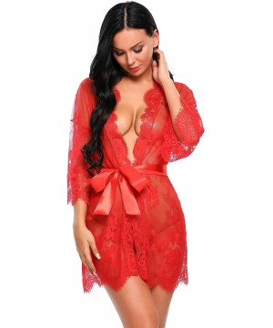 Baby Dolls & Chemises Women's Lace Lingerie Robe Set Sexy See Through Babydoll Nightgown with Belt and G-String - Red - C318H...