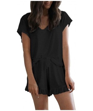 Sets Women Sleepwear- Women's Pajama Sets Solid Color V-Neck Short Sleeve Summer Shorts Pjs Set Sleepwear - 04 Black - CE198Y...