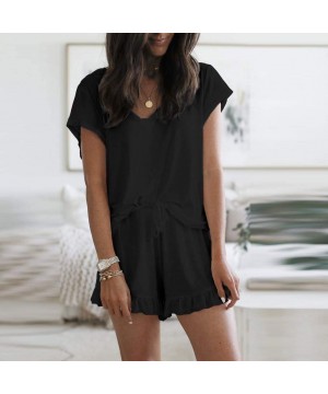 Sets Women Sleepwear- Women's Pajama Sets Solid Color V-Neck Short Sleeve Summer Shorts Pjs Set Sleepwear - 04 Black - CE198Y...