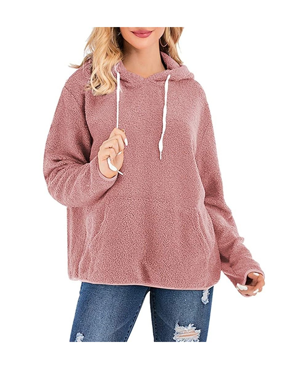 Baby Dolls & Chemises Tops for Women Fashion Hoodies Sweatshirts Winter Warm Long Sleeve Hooded Plush Sweater Top - Pink - CQ...