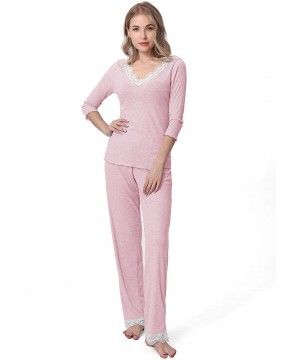 Robes Pajamas Set Long Sleeve Sleepwear Womens Lace Trim Nightwear Soft Pj Lounge Sets - Pink - CA18YDX6AMX