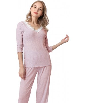 Robes Pajamas Set Long Sleeve Sleepwear Womens Lace Trim Nightwear Soft Pj Lounge Sets - Pink - CA18YDX6AMX