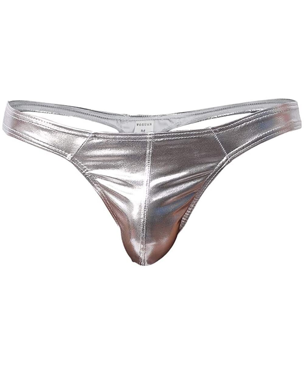 G-Strings & Thongs Men's Liquid Metallic Contour Pouch Thong Underwear - Silver - C112LCOOQ4F